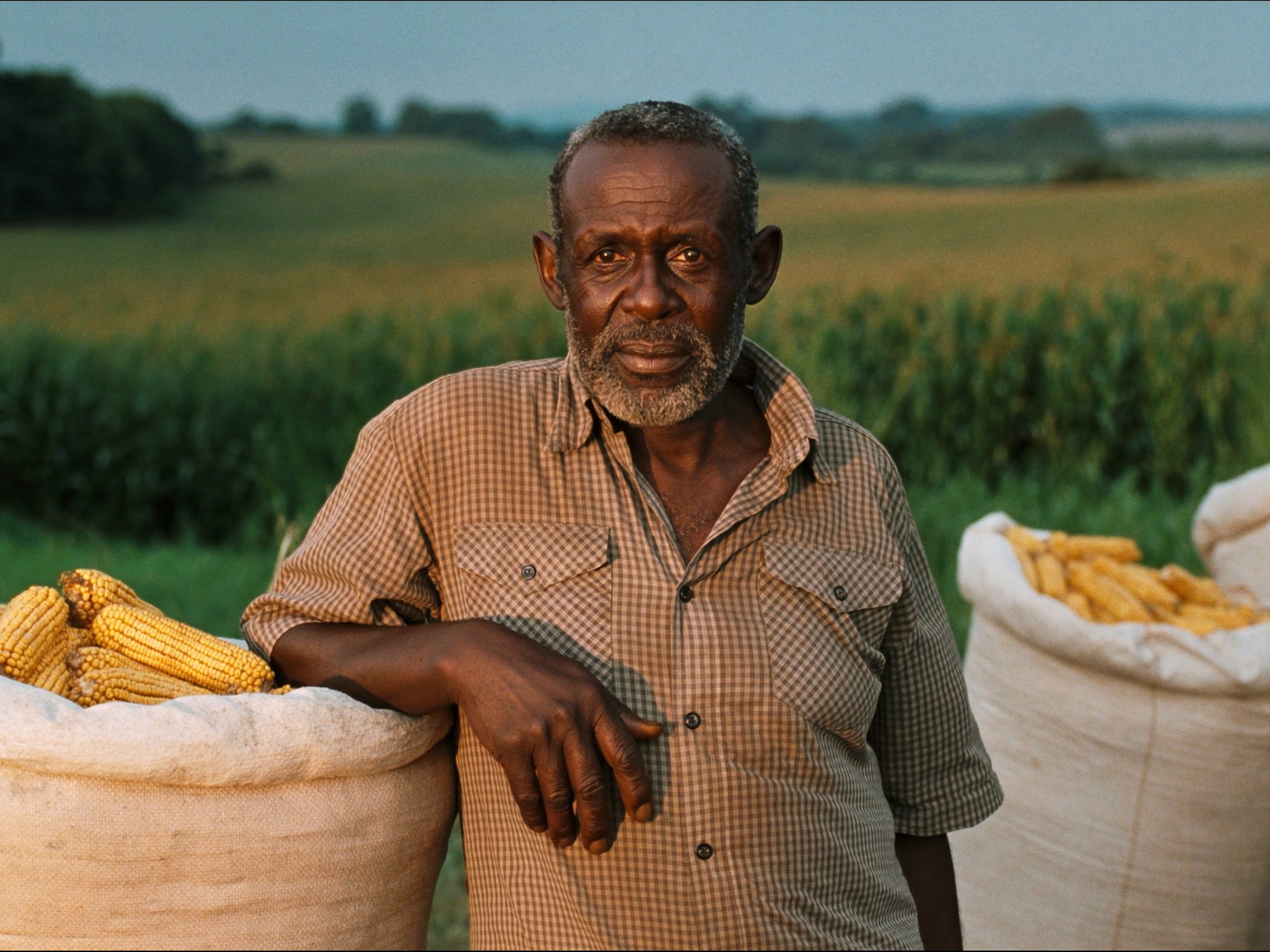 A Ugandan farmer standing with his own harvest