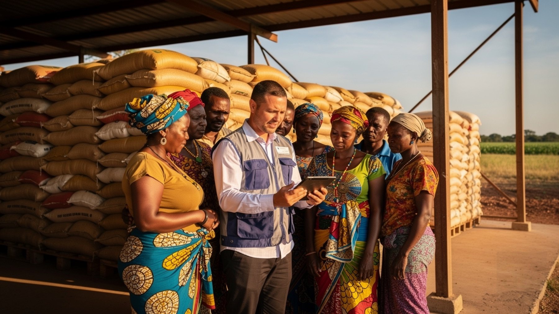 A cooperative group with an adviser at a grain store