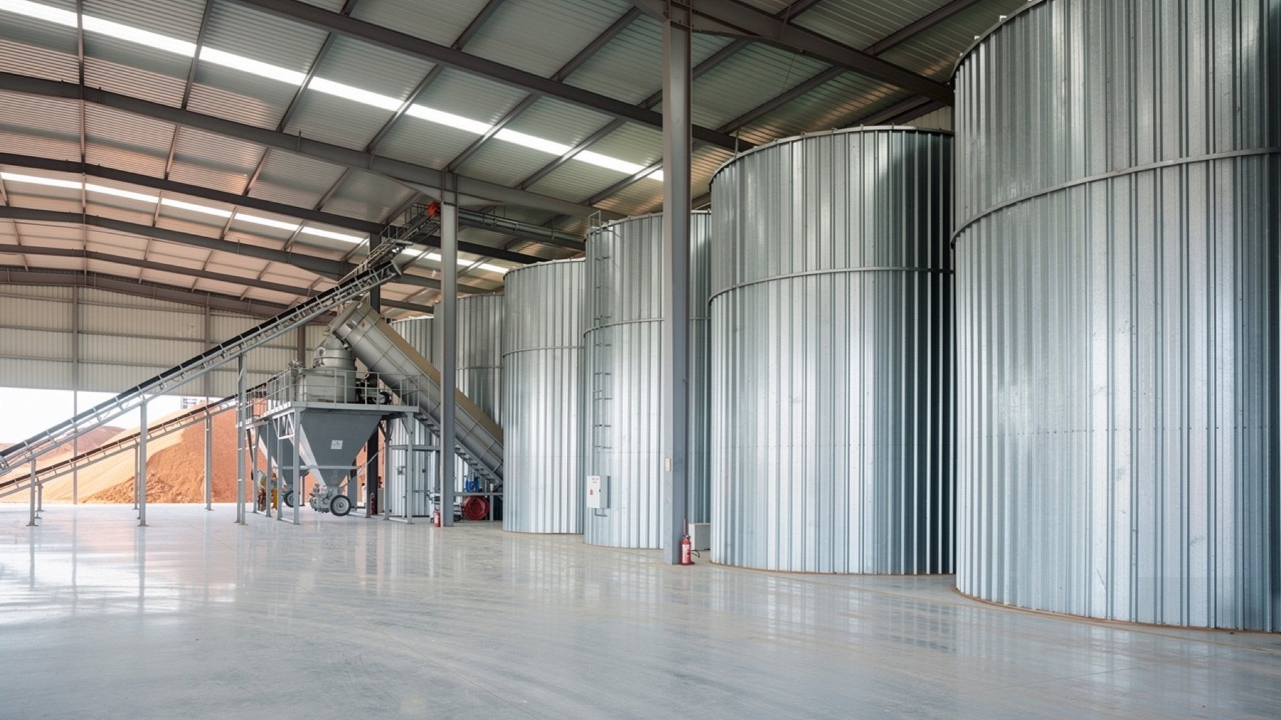 Inside the storage hall, with segregated silos