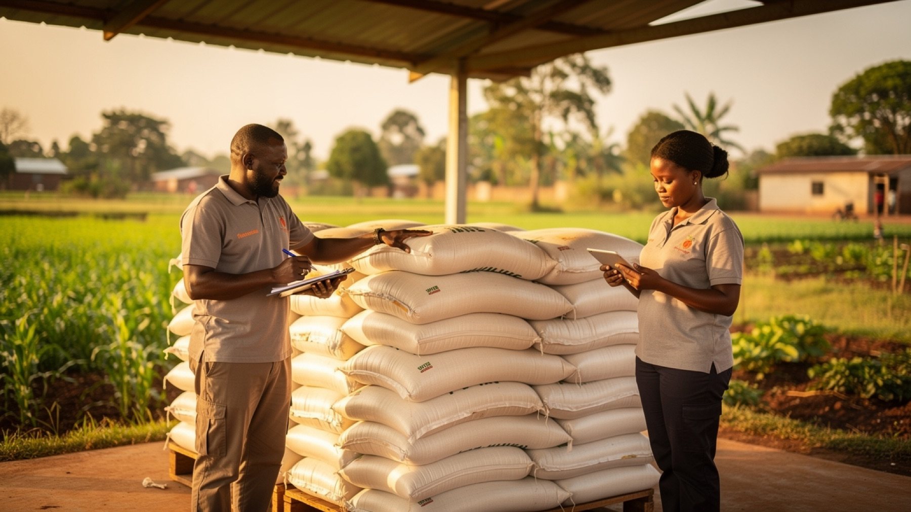 Two A.B.I. colleagues checking a stack of graded grain