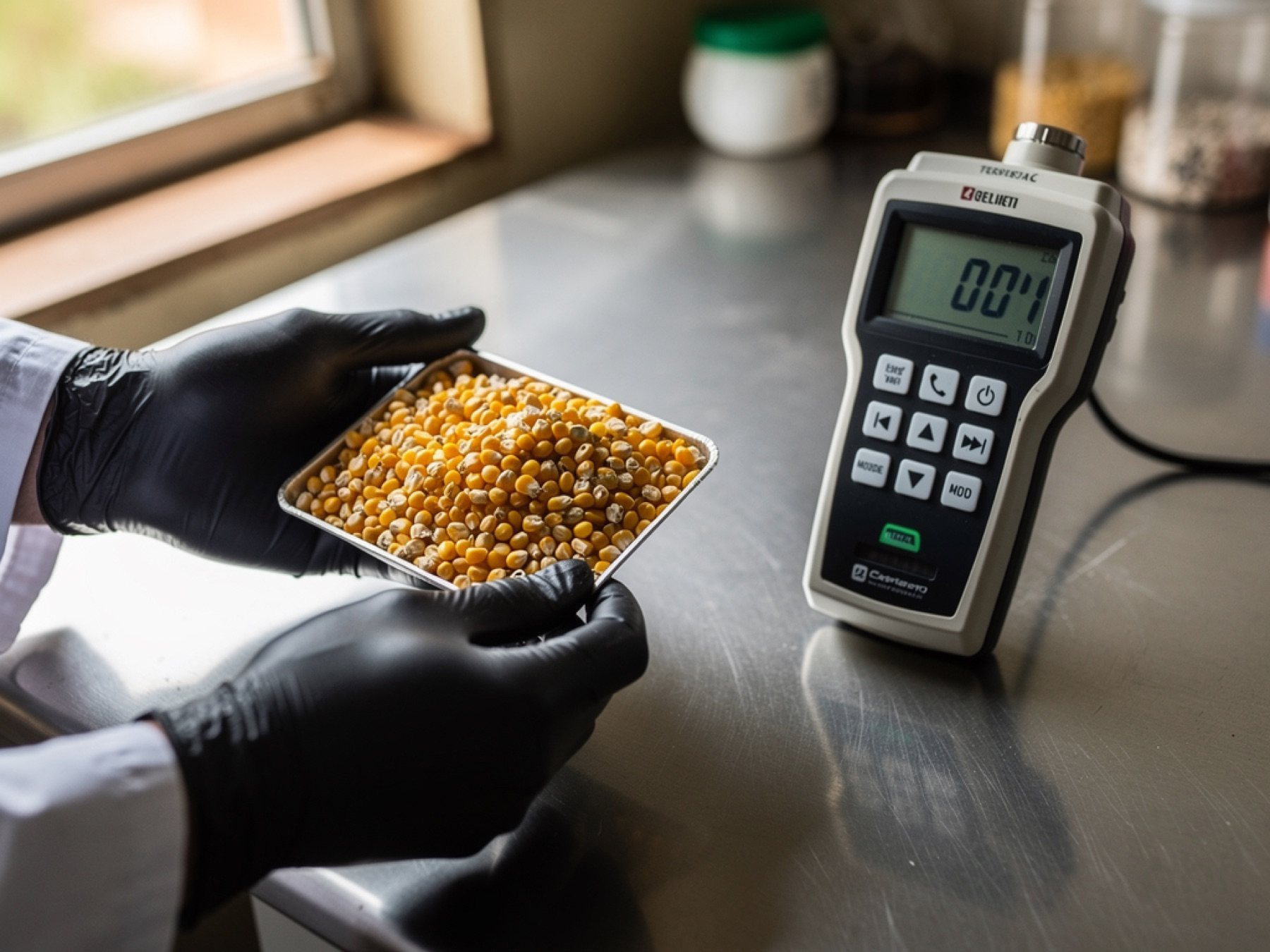 A moisture test on a tray of maize