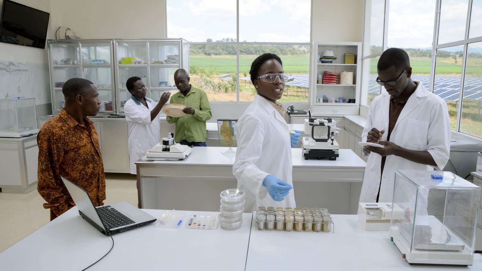 The testing laboratory, with farmers being shown a result