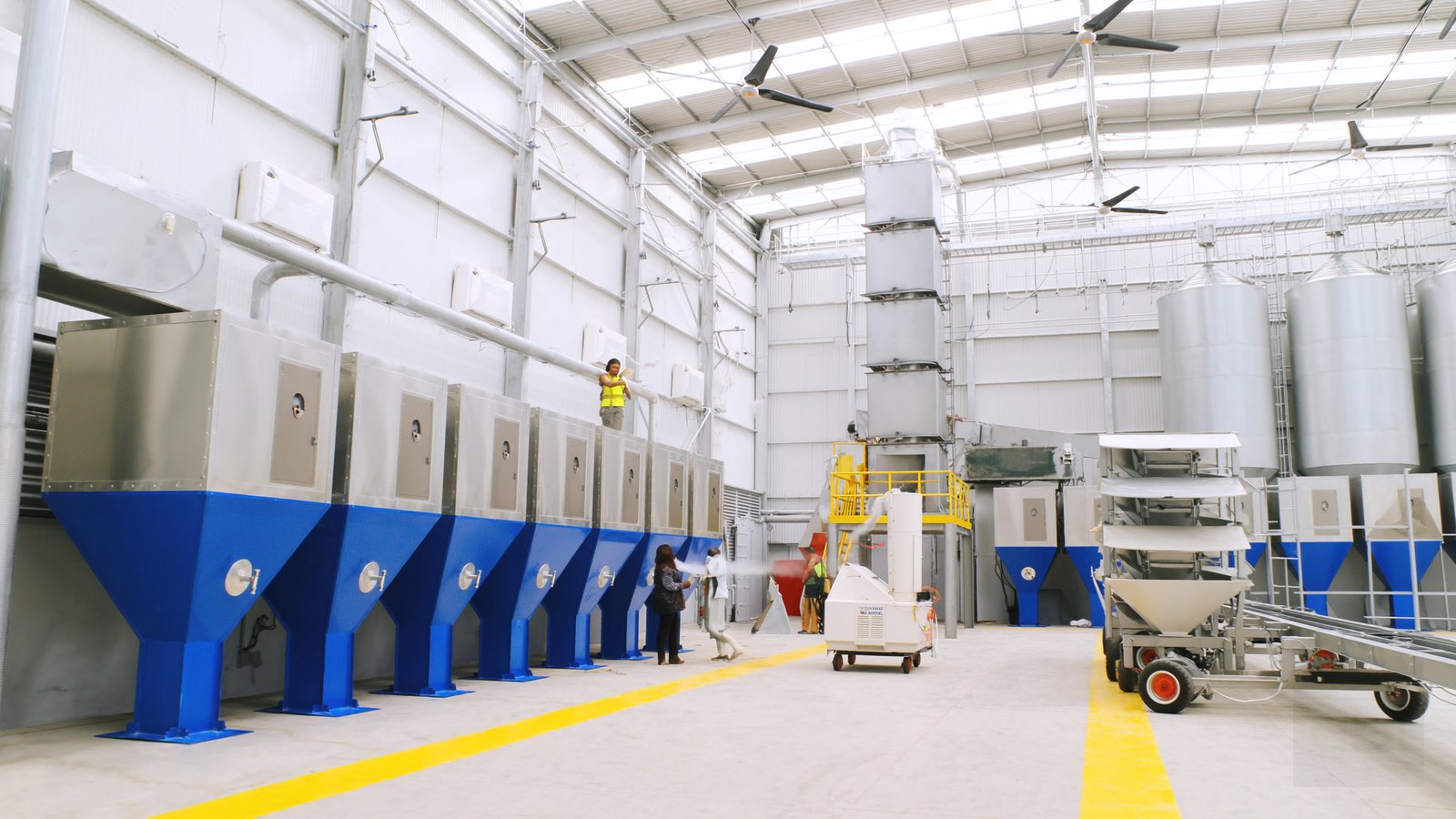 Inside the hall, with square silo cells raised on funnel hoppers