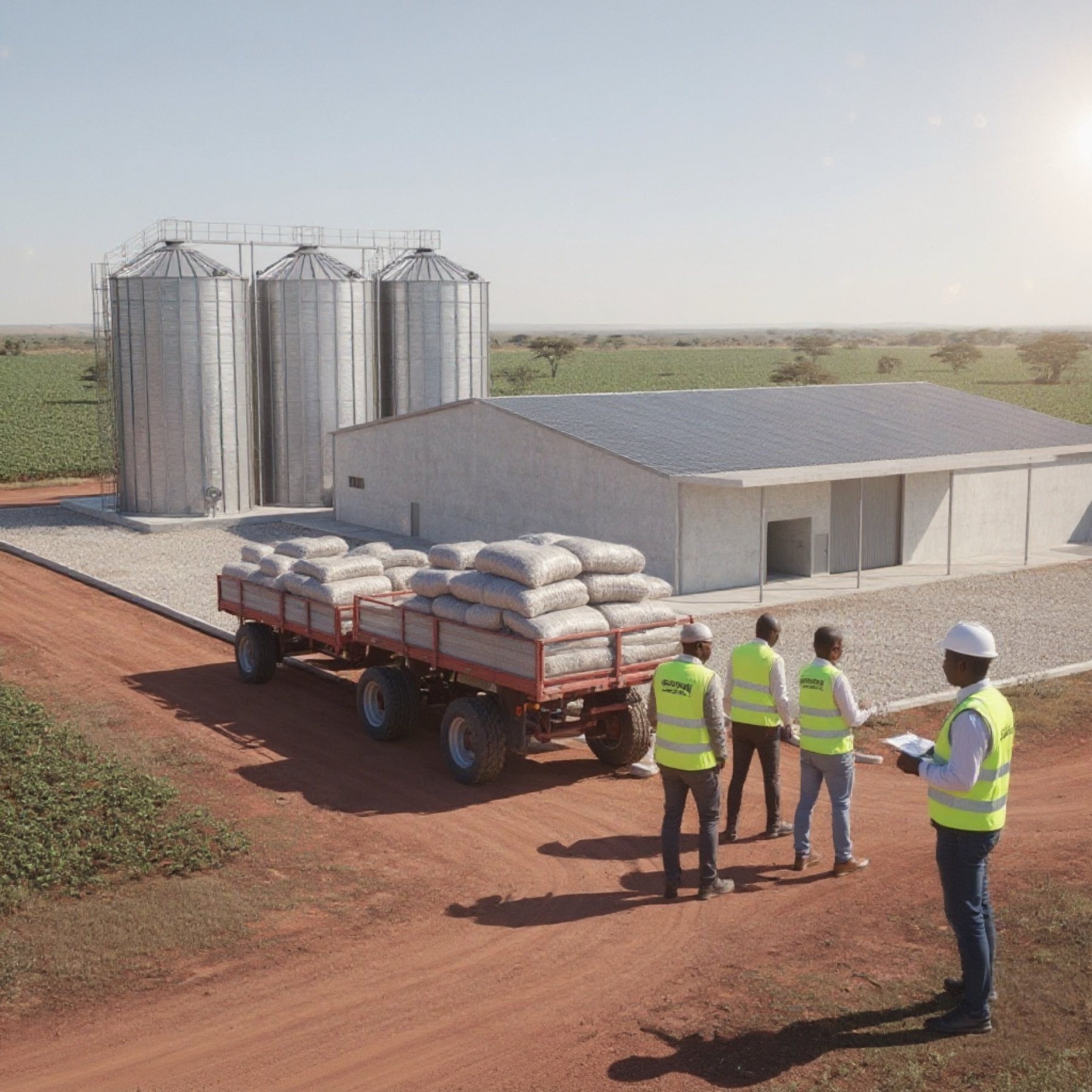 A tractor and crew unloading sacks at the intake pit