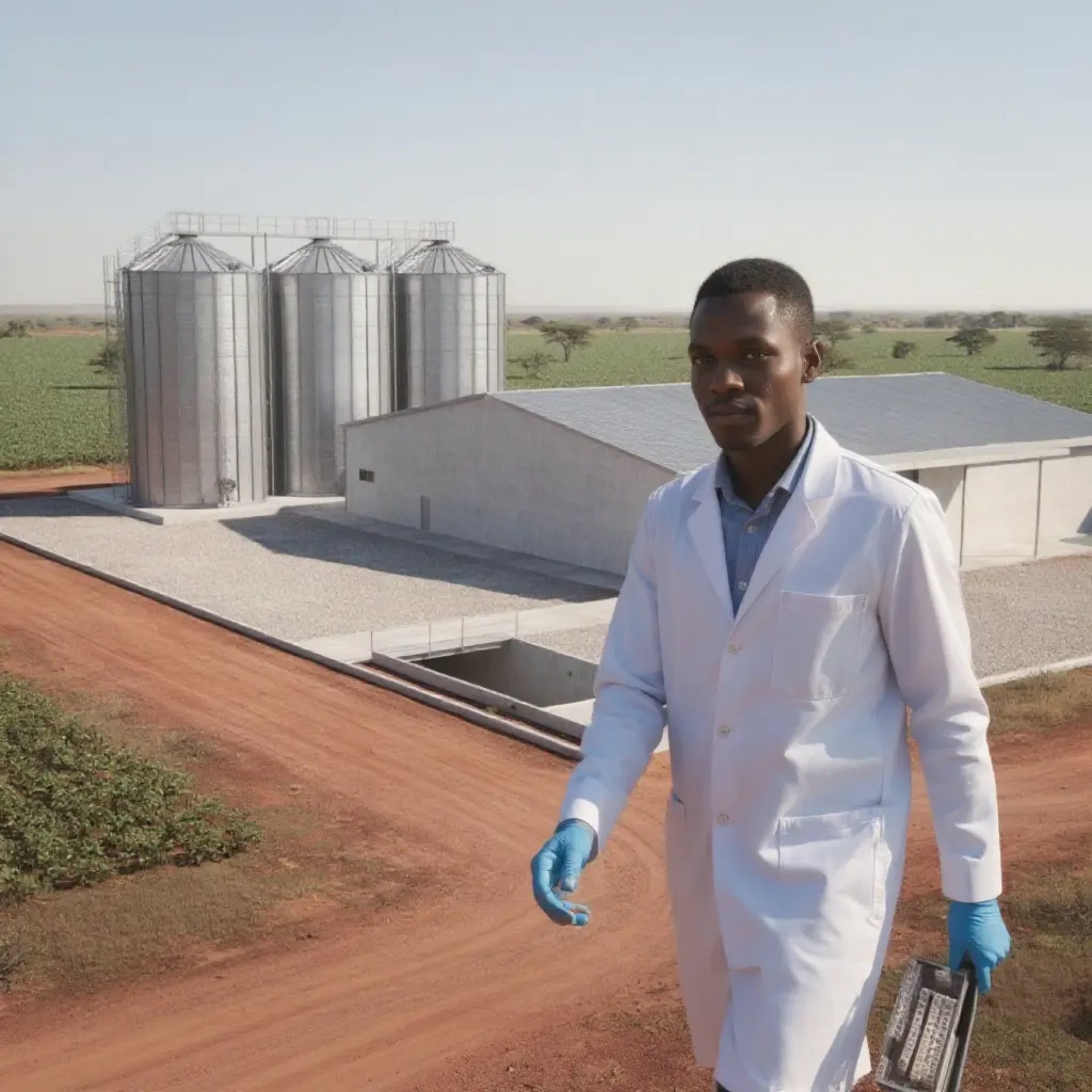 A laboratory technician carrying samples across the yard