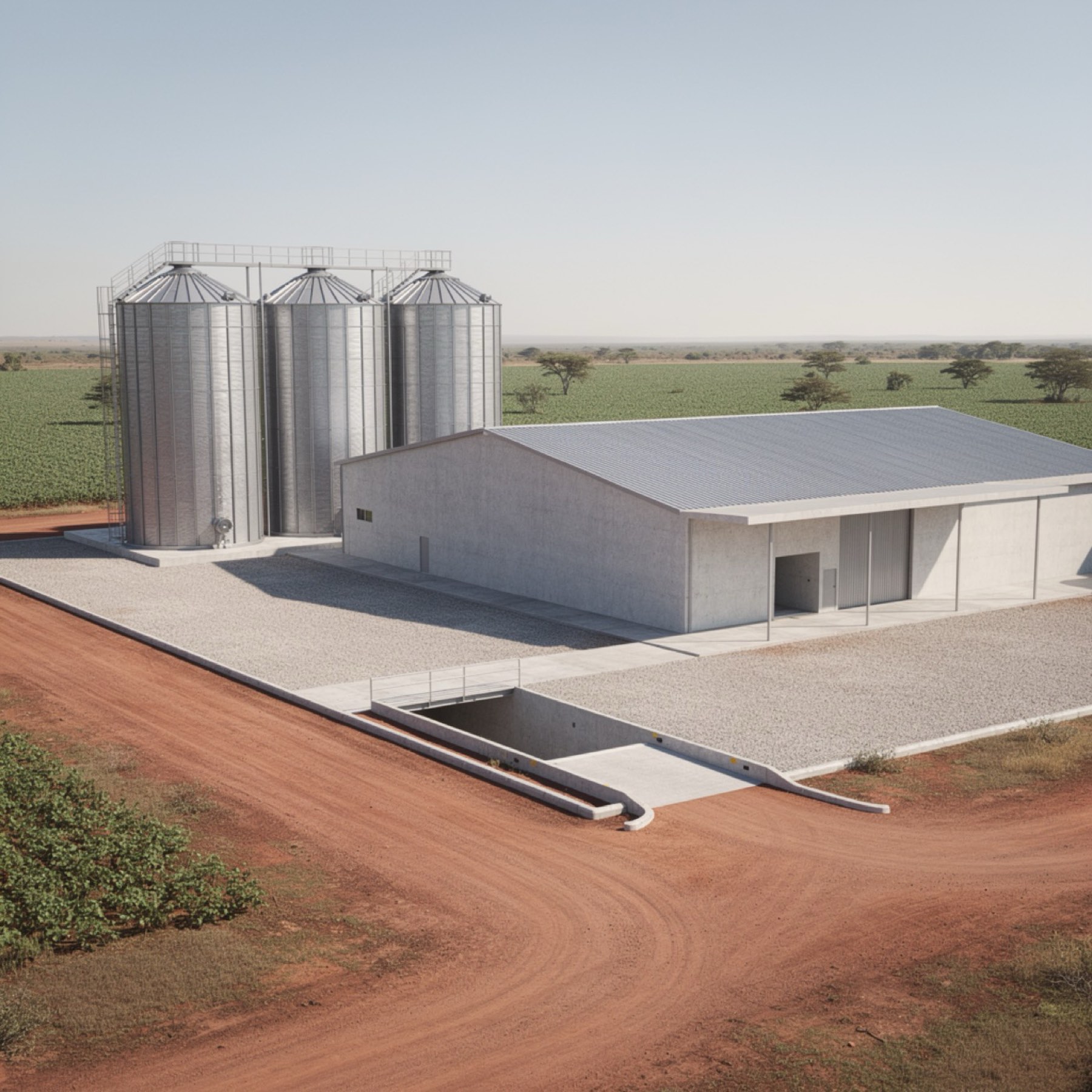 The planned facility: three silos, warehouse and intake pit