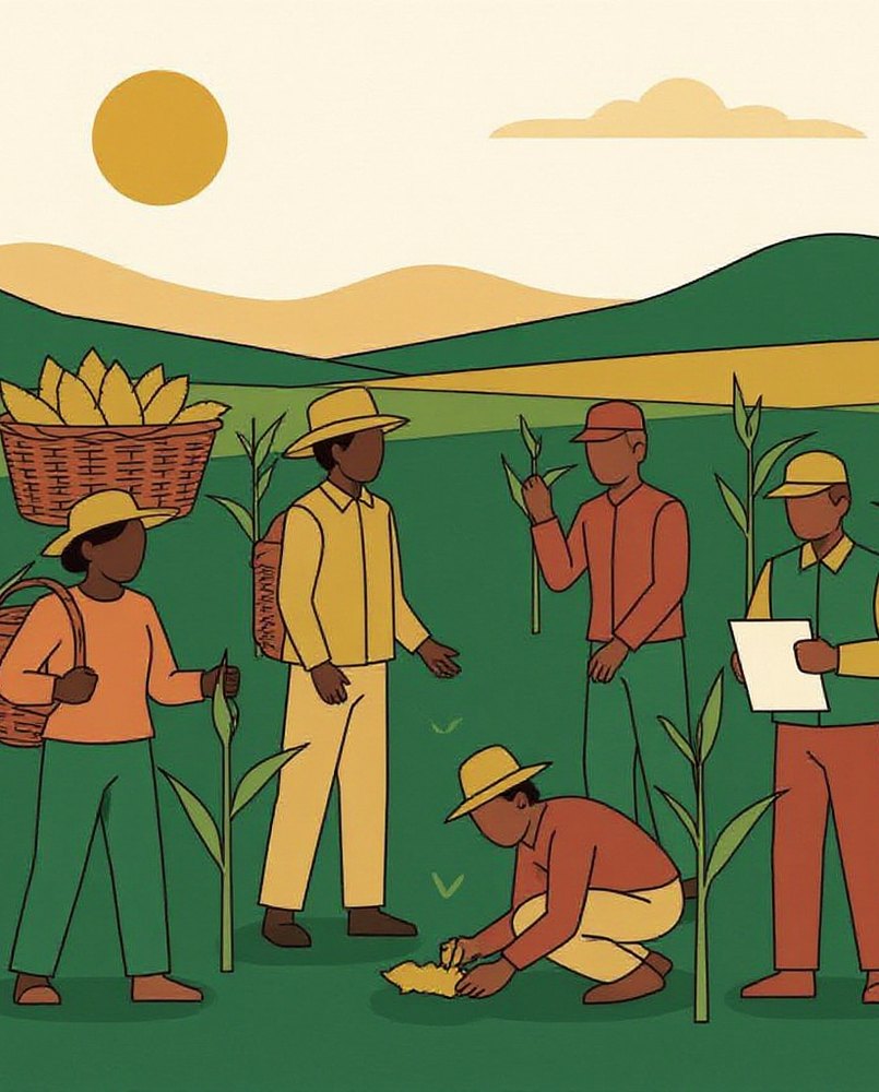 Cooperative farmers harvesting maize in the field