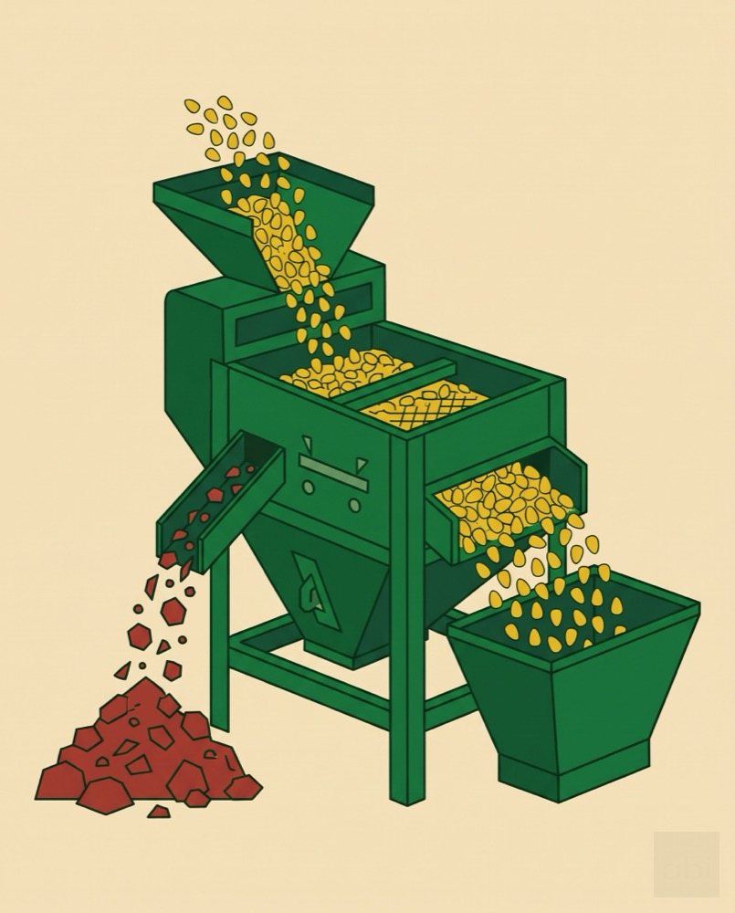 Grain passing through a cleaning and grading machine