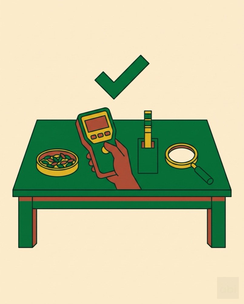 A laboratory bench with a moisture meter and test strip