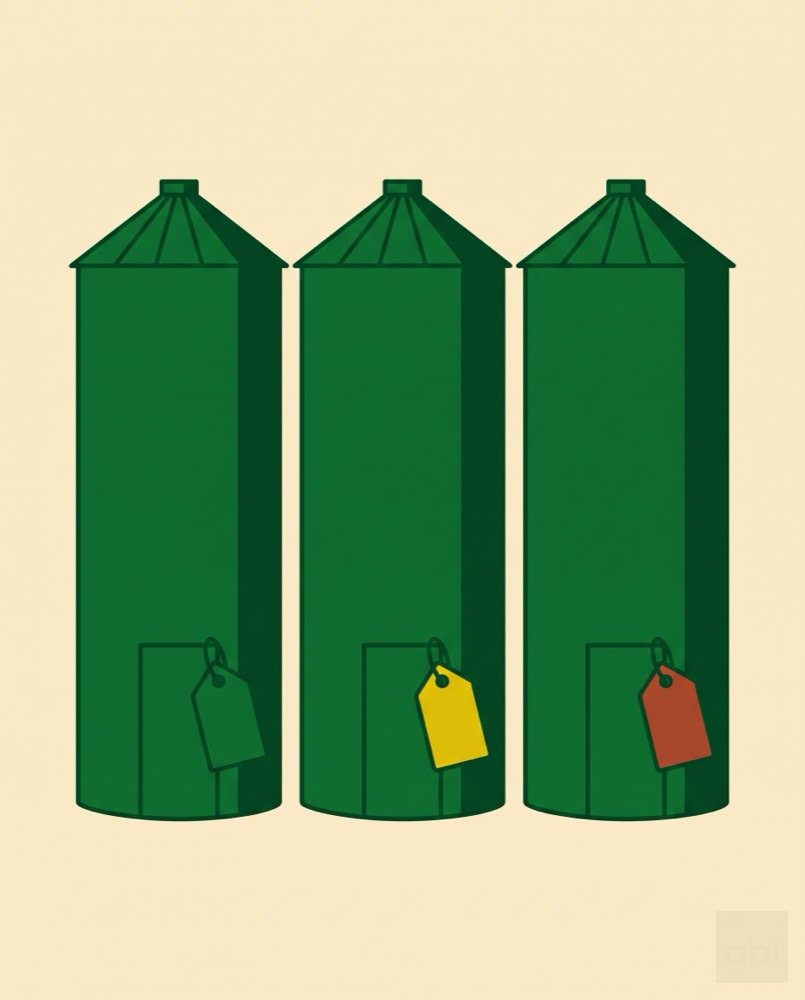 Three silos, each tagged for a separate lot