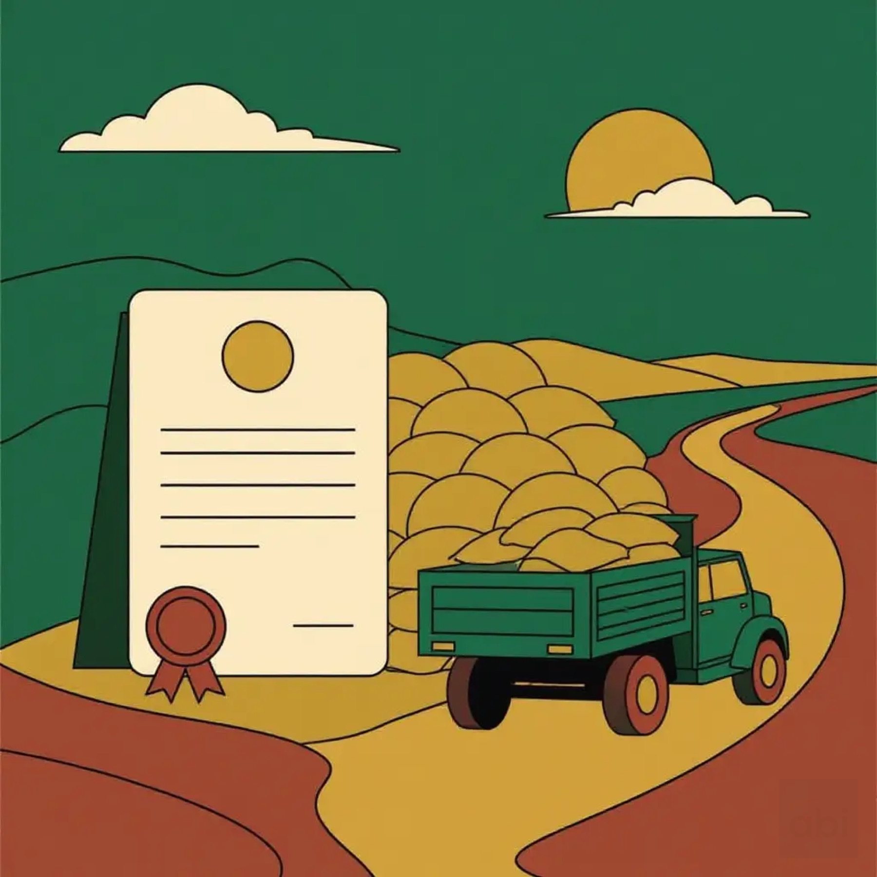 A certificate with a stamp beside a sack of grain, the lorry leaving