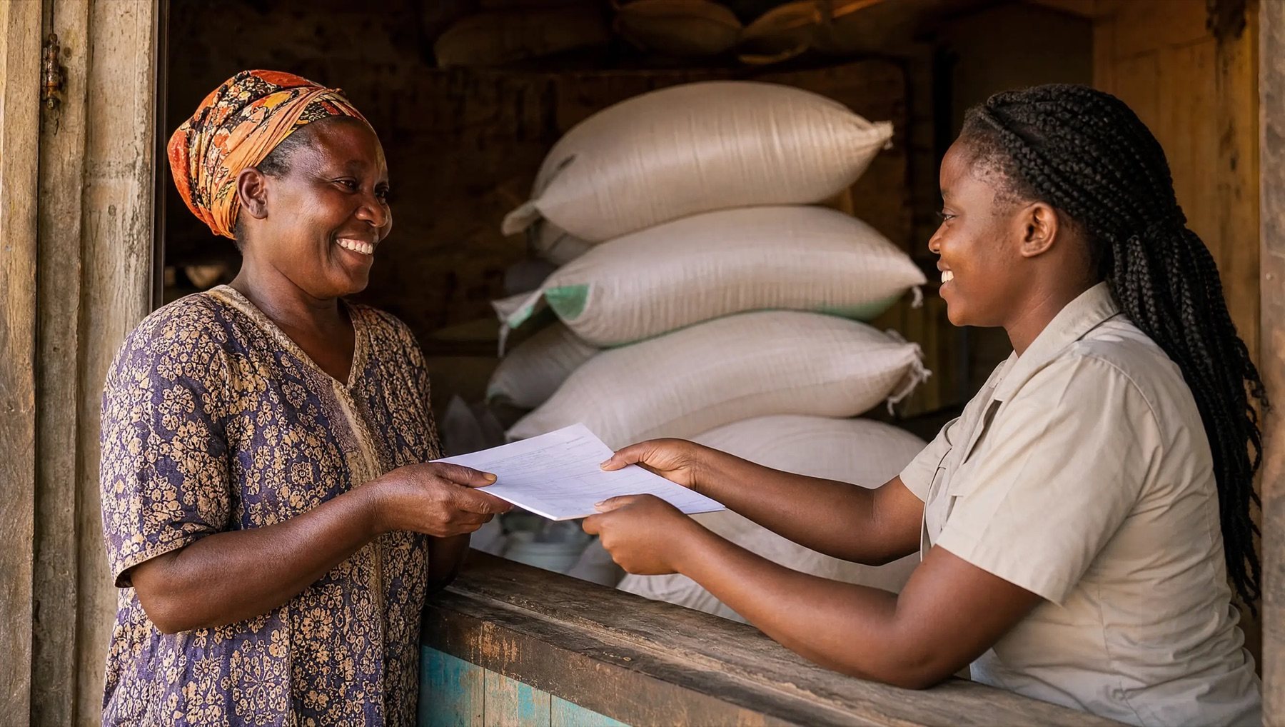 A farmer receiving her grain quality certificate at the counter